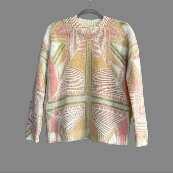 SEZANE Cream Yellow Pink Green Abstract Print Mohair Wool Sweater Sira Jumper
